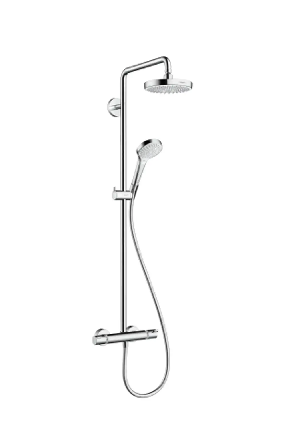 Hansgrohe Duschsystem mit Kopf- und Handbrause, verchromte Oberfläche, Wandmontage mit Thermostat, schlankes Design, ermöglicht individuelle Höhenanpassung der Handbrause.